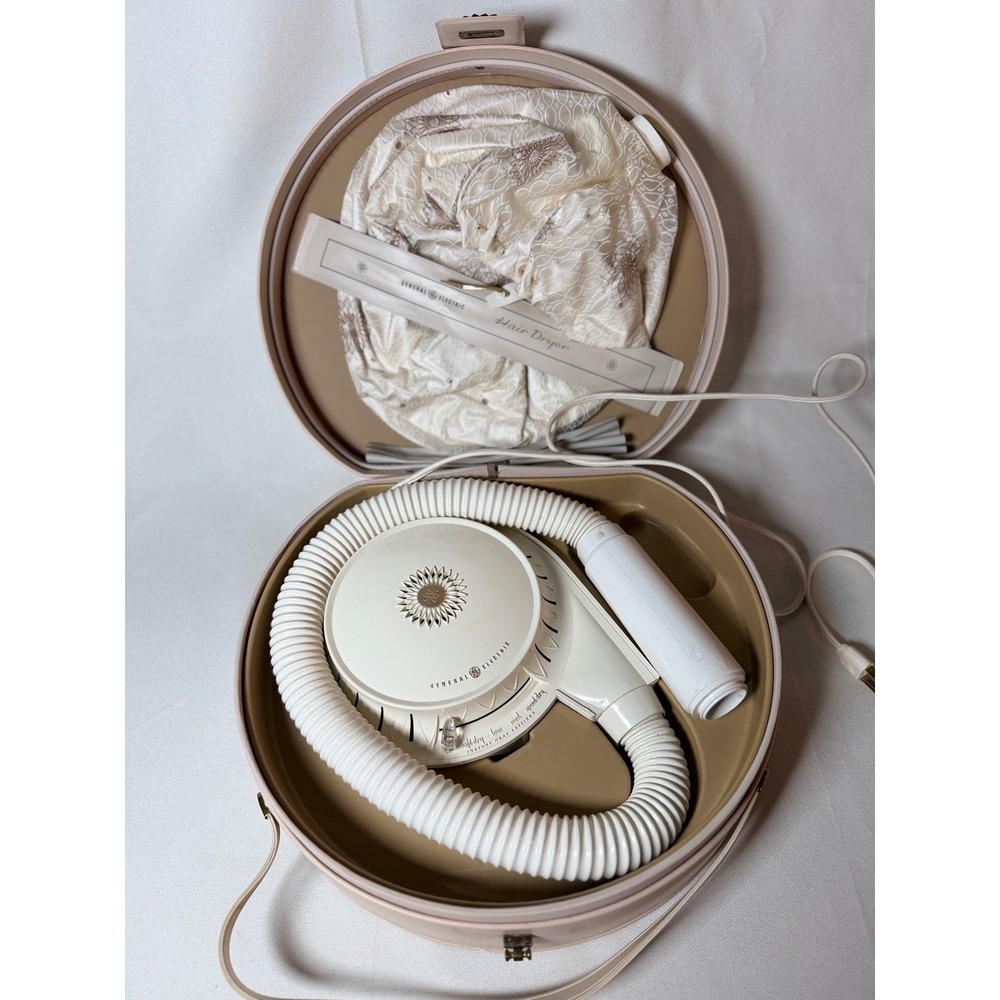 Vtg White 1960's General Electric Deluxe Hair Dryer Bonnet In Case Travel Works